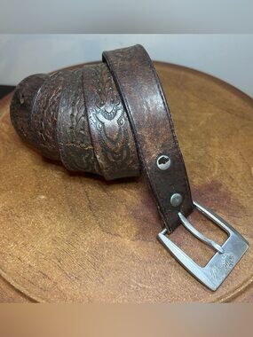 Brown leather belt embossed silver toned buckle 47” long